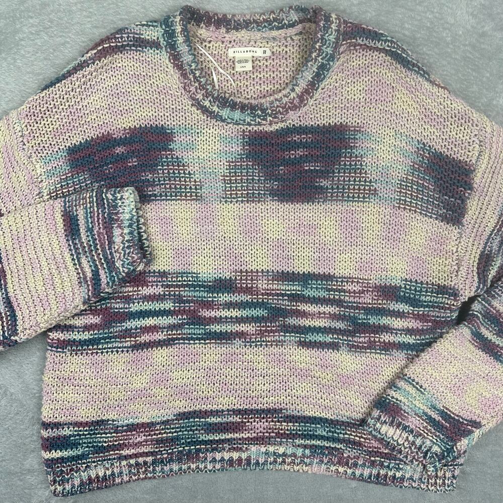 Billabong Fade Out Space Dye Pastel Stripe Open-Knit Slouchy Crewneck Sweater L